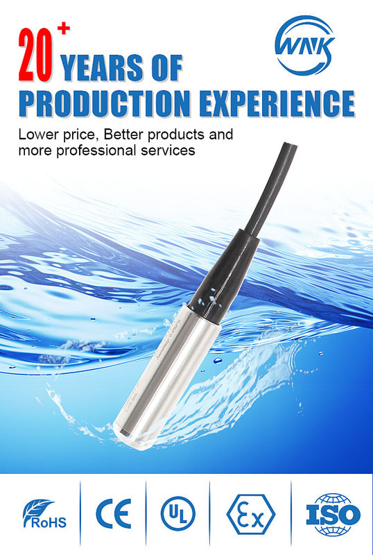 Sensor de nível de água submersível com faixa 0-1~200 MH2O e alimentação de 12-36V